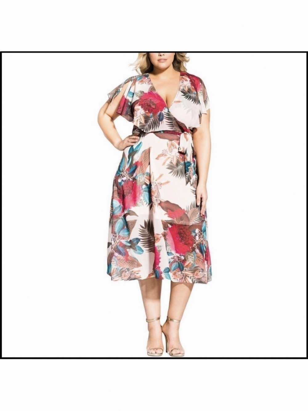 City Chic Floral Wrap Midi Dress in Blush Pink with Teal Accents